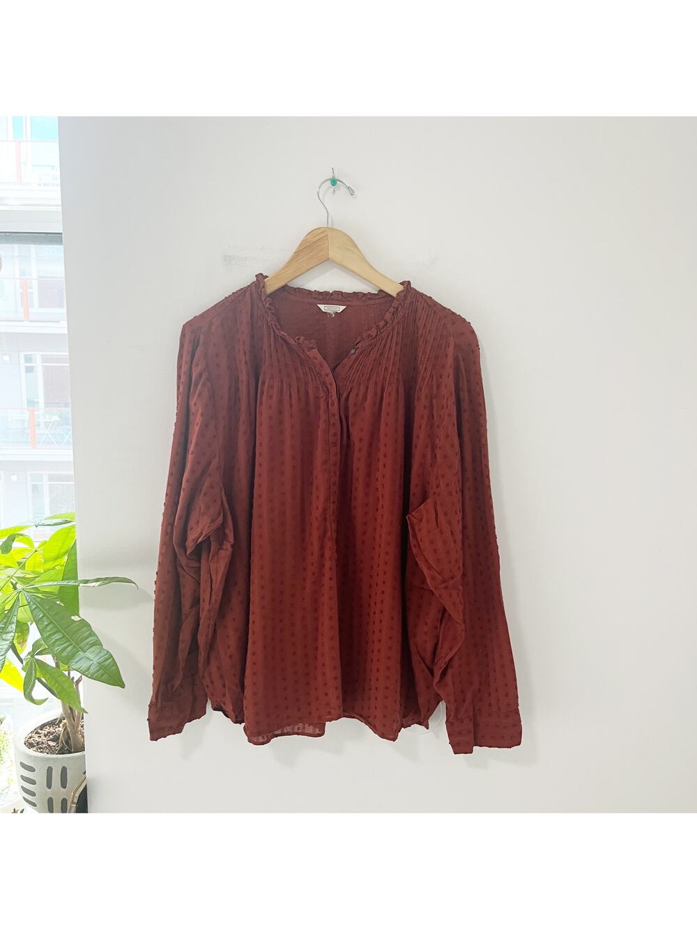 J. Crew Point Sur Ruffle Classic Popover Clip Dot Long Sleeve Top Size XXL